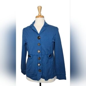 Neon Buddha Blue Cotton Stretch Jacket L – Mixed Buttons Boho Casual Artsy Layer
